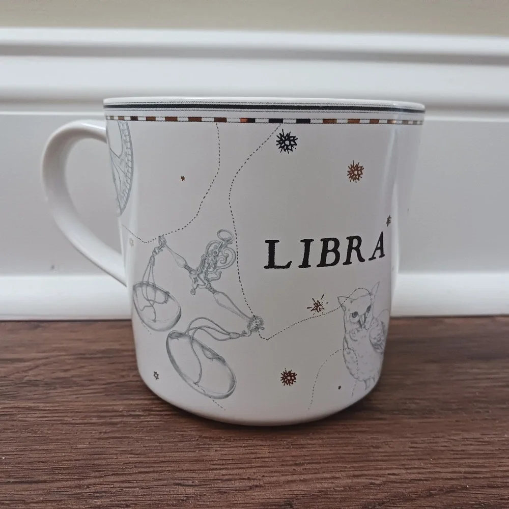 Williams Sonoma Libra Zodiac Coffee Mug White Gold Astrology Scales Owl Cup
